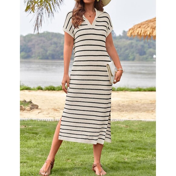Women's Summer Striped Midi Dress Knit V Neck Short Sleeve Casual - Picture 3 of 5
